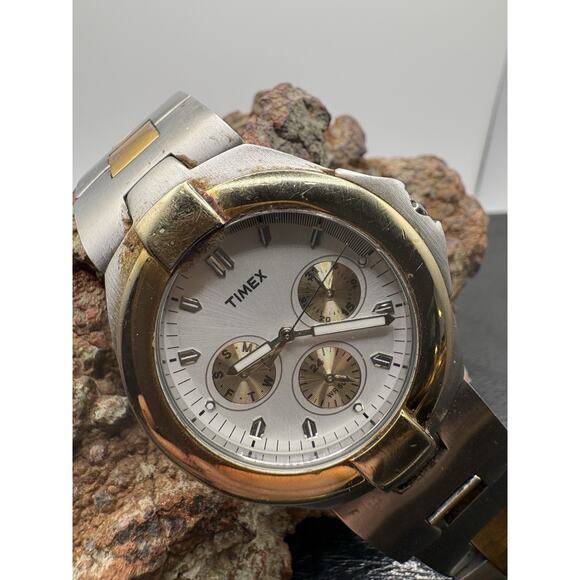 Timex Mens Watch Day Date 38mm Two Tone Case Band Vintage Rare Quartz Analog main image 4